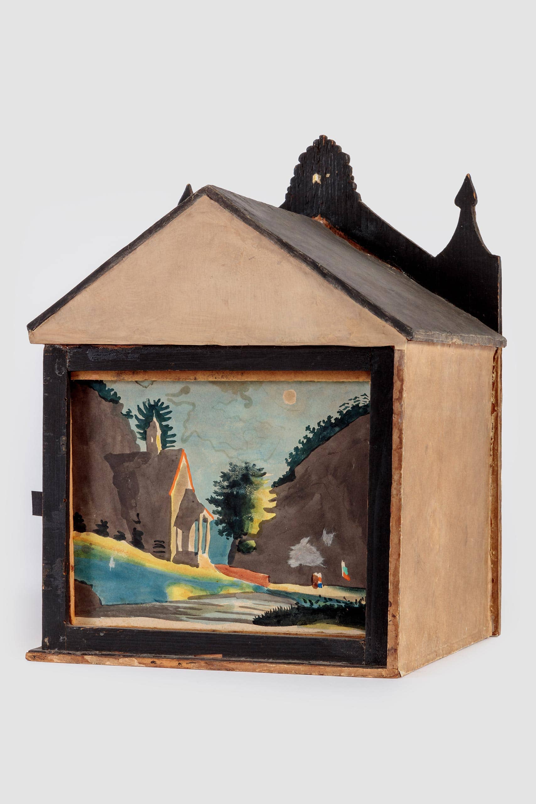 Dutch Peepshow Viewer with View, Wood, print on paper with hand coloring, and glass, c. 1850, The Netherlands, from the Richard Balzer Collection, gift of Patricia Bellinger Balzer, Photo by Joshua White/JW Pictures, ©Academy Museum Foundation