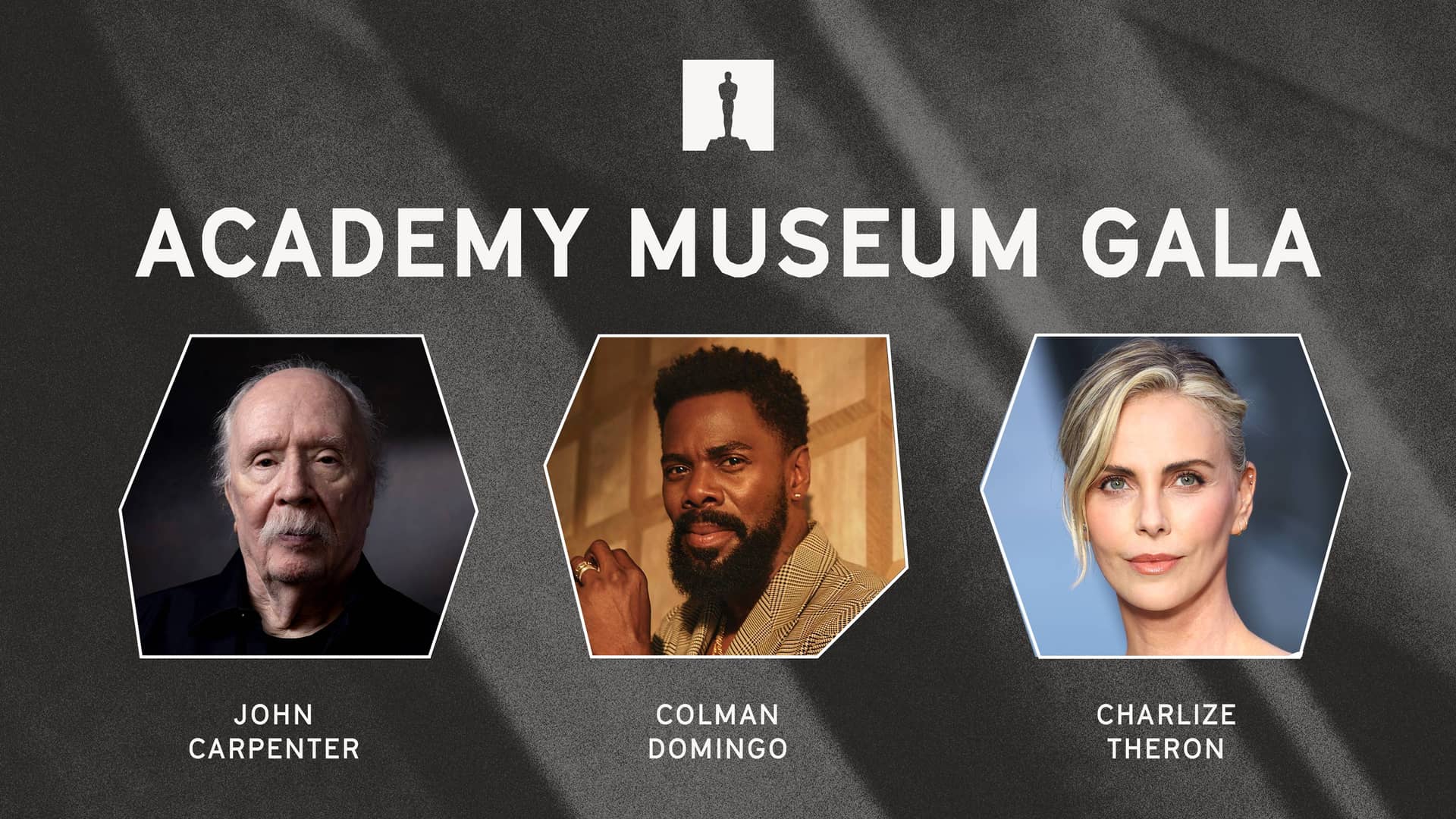 Promotional graphic for the Academy Museum Gala featuring headshots of honorees John Carpenter, Colman Domingo, and Charlize Theron.