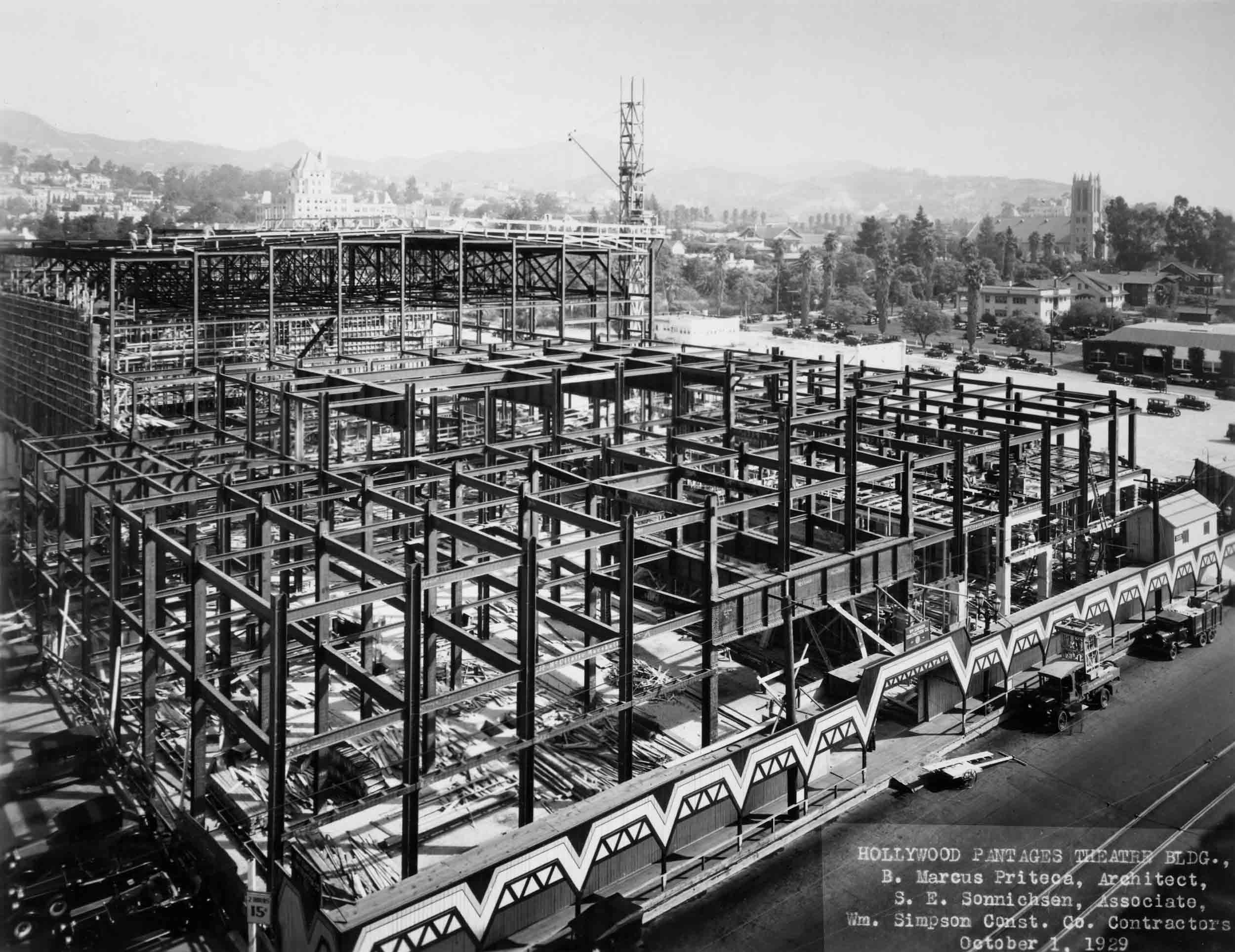The Hollywood Pantages Theatre under construction, October 1, 1929
Courtesy of Tom B'hend and Preston Kaufmann collection, Margaret Herrick Library, Academy of Motion Picture Arts and Sciences, photo: Mott Studios